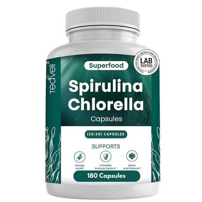 Teaveli Bio Spirulina und Chlorella Kapseln – 180 Chlorophyll Tabletten, Blaualgen Pulver Kapseln zur Unterstützung von Entgiftung, Mitochondrien & Energie – 3-fach höherer Gehalt an Spirulina/Chlorella Pulver pro Portion