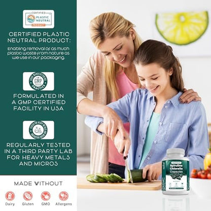 Teaveli Bio Spirulina und Chlorella Kapseln – 180 Chlorophyll Tabletten, Blaualgen Pulver Kapseln zur Unterstützung von Entgiftung, Mitochondrien & Energie – 3-fach höherer Gehalt an Spirulina/Chlorella Pulver pro Portion