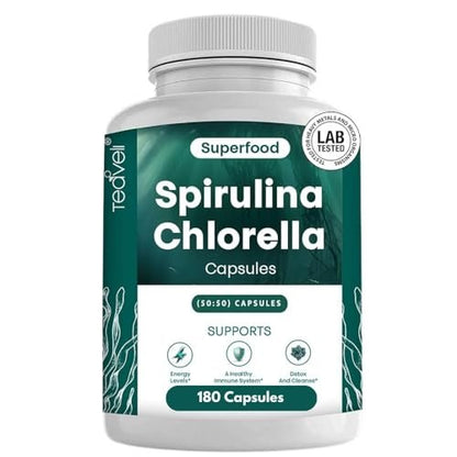 Teaveli Bio Spirulina und Chlorella Kapseln – 180 Chlorophyll Tabletten, Blaualgen Pulver Kapseln zur Unterstützung von Entgiftung, Mitochondrien & Energie – 3-fach höherer Gehalt an Spirulina/Chlorella Pulver pro Portion