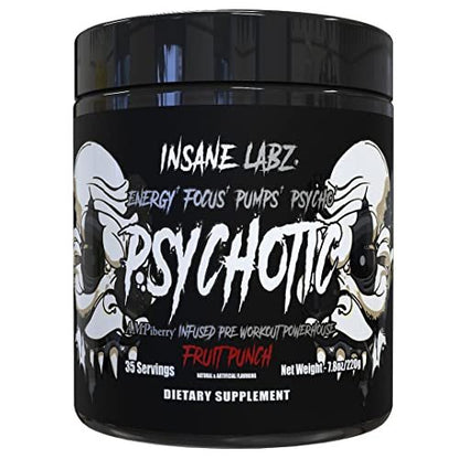 Insane Labz Psychotic Black Edition Pre-Workout Pulver – Mittlere Stimulation, Energie, Fokus, Pumps – mit Creatin, Beta Alanin, Taurin & AMPiberry – 35 Portionen (Fruchtpunsch)