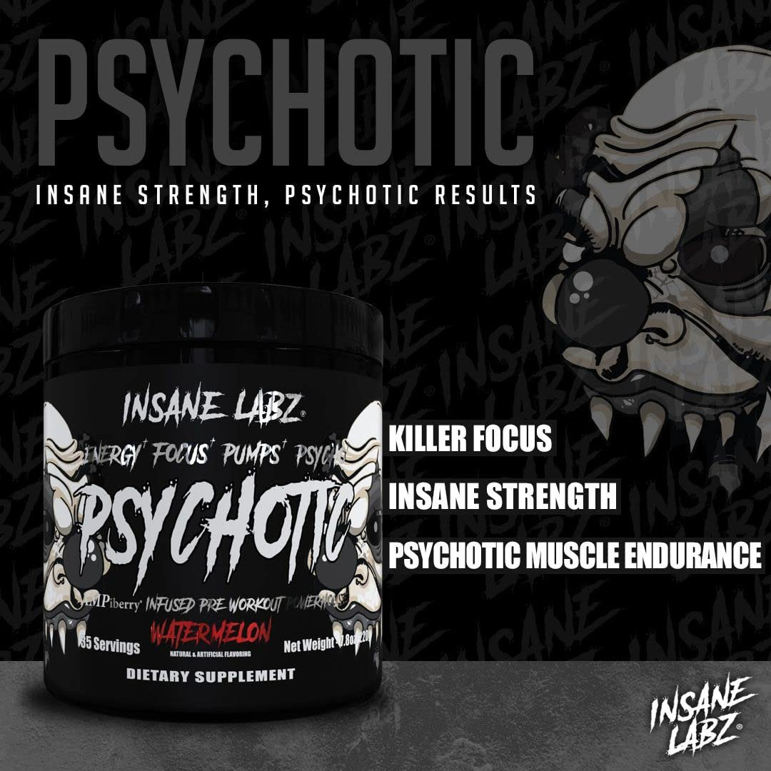 Insane Labz Psychotic Black Edition Pre-Workout Pulver – Mittlere Stimulation, Energie, Fokus, Pumps – mit Creatin, Beta Alanin, Taurin & AMPiberry – 35 Portionen (Fruchtpunsch)