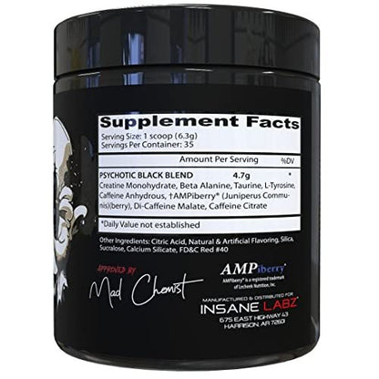 Insane Labz Psychotic Black Edition Pre-Workout Pulver – Mittlere Stimulation, Energie, Fokus, Pumps – mit Creatin, Beta Alanin, Taurin & AMPiberry – 35 Portionen (Fruchtpunsch)