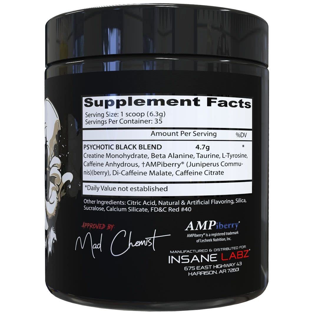 Insane Labz Psychotic Black Edition Pre-Workout Pulver – Mittlere Stimulation, Energie, Fokus, Pumps – mit Creatin, Beta Alanin, Taurin & AMPiberry – 35 Portionen (Fruchtpunsch)