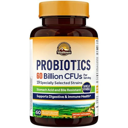 Vitalitown Probiotika + Präbiotika | 60 Milliarden KBE, 19 Stämme | 60 verzögert freisetzende vegane Kapseln | haltbar, für Verdauungs- und Immunsystem | vegan, non-GMO, ohne Milchprodukte