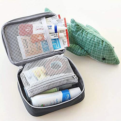Linsiter Tragbare Mini Erste-Hilfe-Tasche, Leere Reise-Medizin-Tasche mit Doppelreißverschluss, Handliche Pillentasche für Zuhause und unterwegs (Grau)