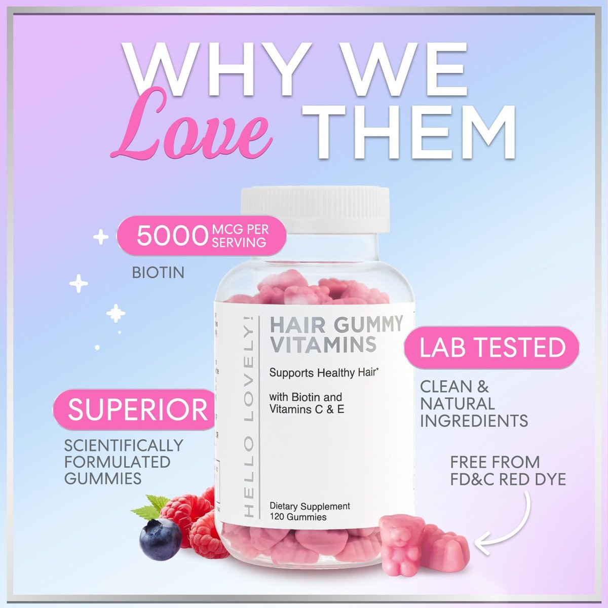 Hello Lovely! Haar Vitamine Gummibärchen für Haarwachstum - Beauty-Komplex für Haare, Haut & Nägel mit 5000mcg Biotin pro Portion - Unterstützt dichteres, stärkeres, strahlendes Haar für Frauen & Männer, Beerengeschmack - 120 Gummibärchen