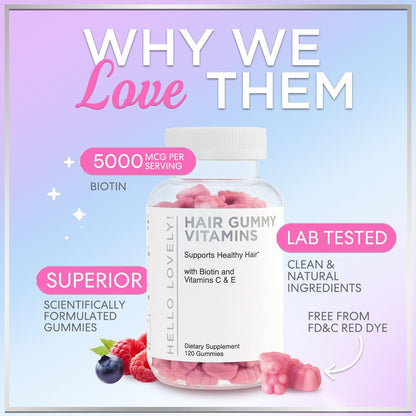 Hello Lovely! Haar Vitamine Gummibärchen für Haarwachstum - Beauty-Komplex für Haare, Haut & Nägel mit 5000mcg Biotin pro Portion - Unterstützt dichteres, stärkeres, strahlendes Haar für Frauen & Männer, Beerengeschmack - 120 Gummibärchen