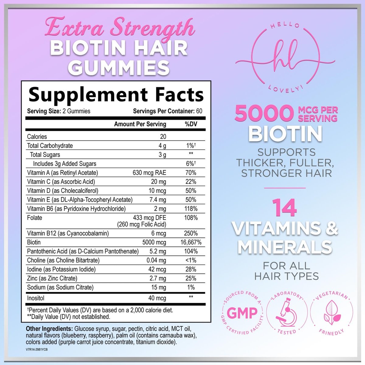 Hello Lovely! Haar Vitamine Gummibärchen für Haarwachstum - Beauty-Komplex für Haare, Haut & Nägel mit 5000mcg Biotin pro Portion - Unterstützt dichteres, stärkeres, strahlendes Haar für Frauen & Männer, Beerengeschmack - 120 Gummibärchen