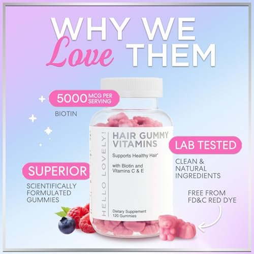 Hello Lovely! Haar Vitamine Gummibärchen für Haarwachstum - Beauty-Komplex für Haare, Haut & Nägel mit 5000mcg Biotin pro Portion - Unterstützt dichteres, stärkeres, strahlendes Haar für Frauen & Männer, Beerengeschmack - 120 Gummibärchen