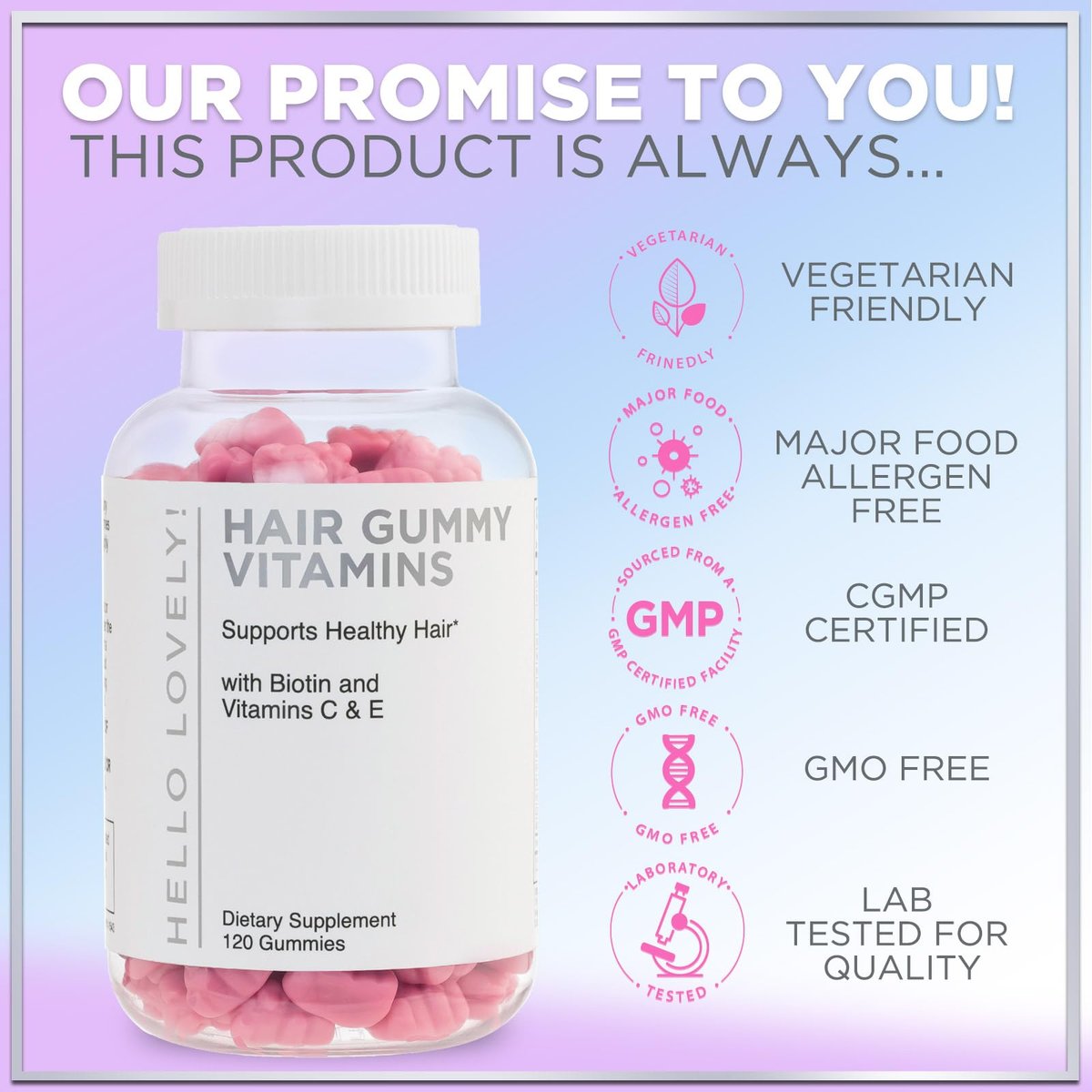 Hello Lovely! Haar Vitamine Gummibärchen für Haarwachstum - Beauty-Komplex für Haare, Haut & Nägel mit 5000mcg Biotin pro Portion - Unterstützt dichteres, stärkeres, strahlendes Haar für Frauen & Männer, Beerengeschmack - 120 Gummibärchen