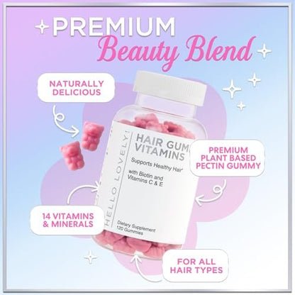 Hello Lovely! Haar Vitamine Gummibärchen für Haarwachstum - Beauty-Komplex für Haare, Haut & Nägel mit 5000mcg Biotin pro Portion - Unterstützt dichteres, stärkeres, strahlendes Haar für Frauen & Männer, Beerengeschmack - 120 Gummibärchen