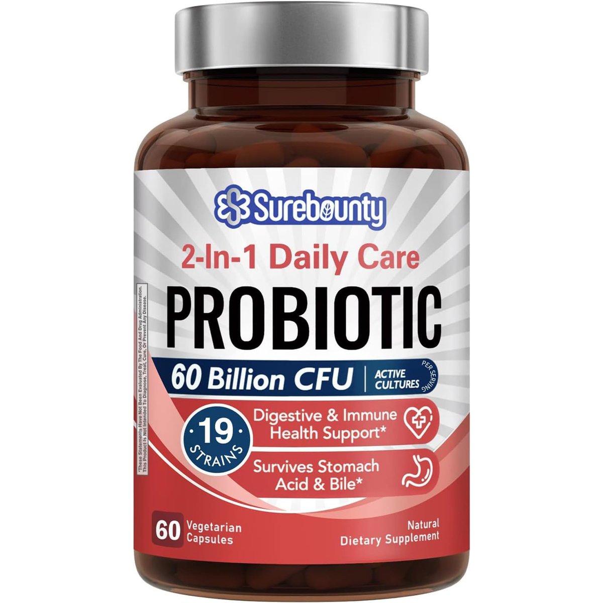 Surebounty Probiotika 60 Milliarden KBE, 19 Stämme für Männer & Frauen, mit 100 mg Präbiotikum, haltbar, 2-in-1 Tägliche Pflege, Nicht-GVO, Verdauungs- & Immunsystem, 60 vegane Kapseln