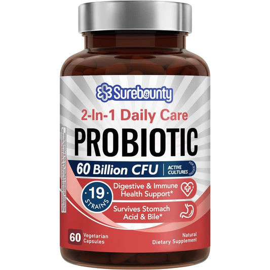 Surebounty Probiotika 60 Milliarden KBE, 19 Stämme für Männer & Frauen, mit 100 mg Präbiotikum, haltbar, 2-in-1 Tägliche Pflege, Nicht-GVO, Verdauungs- & Immunsystem, 60 vegane Kapseln