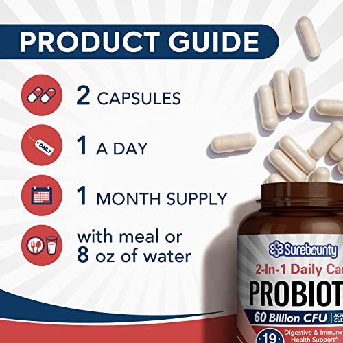 Surebounty Probiotika 60 Milliarden KBE, 19 Stämme für Männer & Frauen, mit 100 mg Präbiotikum, haltbar, 2-in-1 Tägliche Pflege, Nicht-GVO, Verdauungs- & Immunsystem, 60 vegane Kapseln