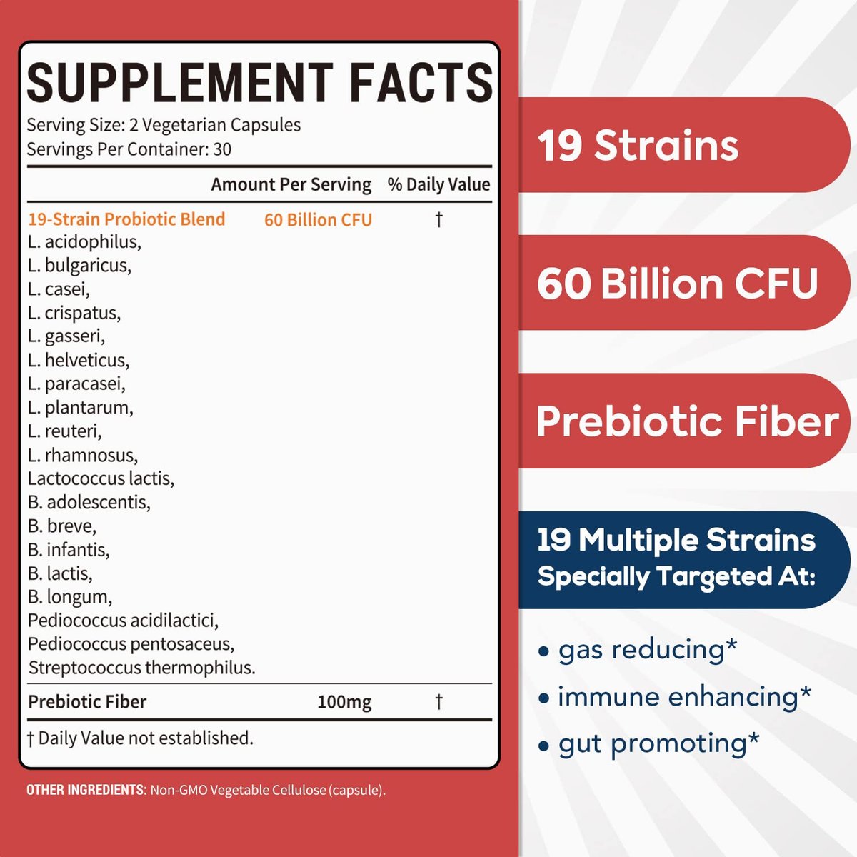 Surebounty Probiotika 60 Milliarden KBE, 19 Stämme für Männer & Frauen, mit 100 mg Präbiotikum, haltbar, 2-in-1 Tägliche Pflege, Nicht-GVO, Verdauungs- & Immunsystem, 60 vegane Kapseln