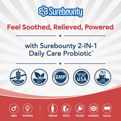 Surebounty Probiotika 60 Milliarden KBE, 19 Stämme für Männer & Frauen, mit 100 mg Präbiotikum, haltbar, 2-in-1 Tägliche Pflege, Nicht-GVO, Verdauungs- & Immunsystem, 60 vegane Kapseln