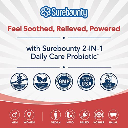 Surebounty Probiotika 60 Milliarden KBE, 19 Stämme für Männer & Frauen, mit 100 mg Präbiotikum, haltbar, 2-in-1 Tägliche Pflege, Nicht-GVO, Verdauungs- & Immunsystem, 60 vegane Kapseln