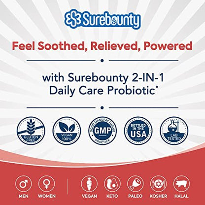 Surebounty Probiotika 60 Milliarden KBE, 19 Stämme für Männer & Frauen, mit 100 mg Präbiotikum, haltbar, 2-in-1 Tägliche Pflege, Nicht-GVO, Verdauungs- & Immunsystem, 60 vegane Kapseln