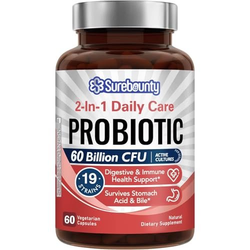 Surebounty Probiotika 60 Milliarden KBE, 19 Stämme für Männer & Frauen, mit 100 mg Präbiotikum, haltbar, 2-in-1 Tägliche Pflege, Nicht-GVO, Verdauungs- & Immunsystem, 60 vegane Kapseln