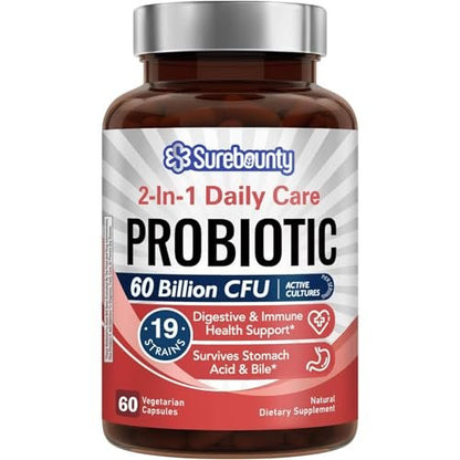 Surebounty Probiotika 60 Milliarden KBE, 19 Stämme für Männer & Frauen, mit 100 mg Präbiotikum, haltbar, 2-in-1 Tägliche Pflege, Nicht-GVO, Verdauungs- & Immunsystem, 60 vegane Kapseln