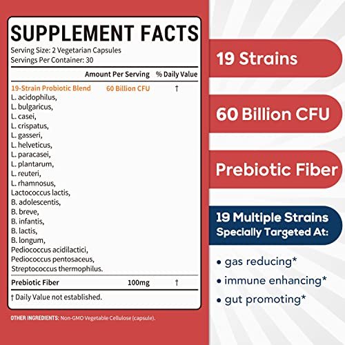 Surebounty Probiotika 60 Milliarden KBE, 19 Stämme für Männer & Frauen, mit 100 mg Präbiotikum, haltbar, 2-in-1 Tägliche Pflege, Nicht-GVO, Verdauungs- & Immunsystem, 60 vegane Kapseln