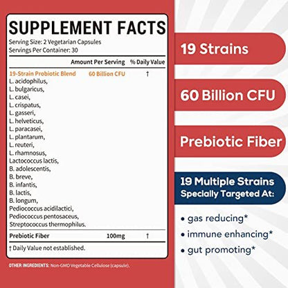 Surebounty Probiotika 60 Milliarden KBE, 19 Stämme für Männer & Frauen, mit 100 mg Präbiotikum, haltbar, 2-in-1 Tägliche Pflege, Nicht-GVO, Verdauungs- & Immunsystem, 60 vegane Kapseln