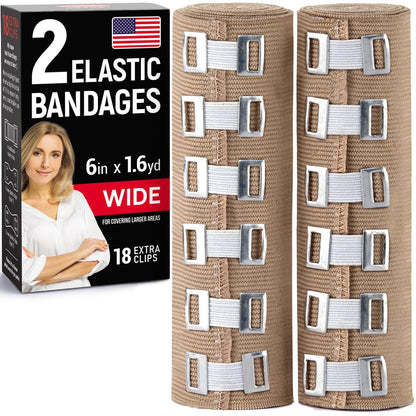Premium Elastische Bandage Wickel – 2er-Pack + 18 Extra Clips – 15 cm x 4,5 m – Breite Kompressionsbandage – Für Taille, Oberschenkel, Knie, Lymphödem, Körperwickel