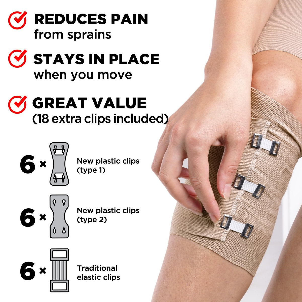 Premium Elastische Bandage Wickel – 2er-Pack + 18 Extra Clips – 15 cm x 4,5 m – Breite Kompressionsbandage – Für Taille, Oberschenkel, Knie, Lymphödem, Körperwickel