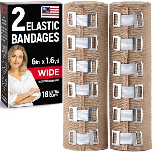 Premium Elastische Bandage Wickel – 2er-Pack + 18 Extra Clips – 15 cm x 4,5 m – Breite Kompressionsbandage – Für Taille, Oberschenkel, Knie, Lymphödem, Körperwickel