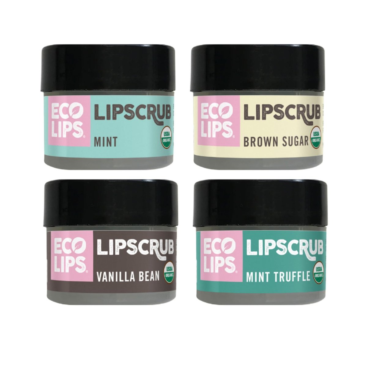 Eco Lips Lippenpeeling-Set mit 4 Gläsern (4 x 7 g) - 100% Bio-Lippenpflege mit Bio-Zucker & Kokosöl - Sanftes Peeling für trockene, schuppige Lippen (Sortiertes 4er-Pack)
