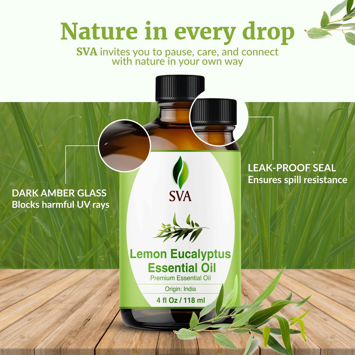 SVA Lemongras-Eukalyptus ätherisches Öl – 118 ml – 100 % natürliches Citriodora-Öl – für Diffuser, Haarpflege, Gesicht, Hautpflege, Aromatherapie, Kopfhaut- und Körpermassage, Seifen- und Kerzenherstellung – mit Pipette