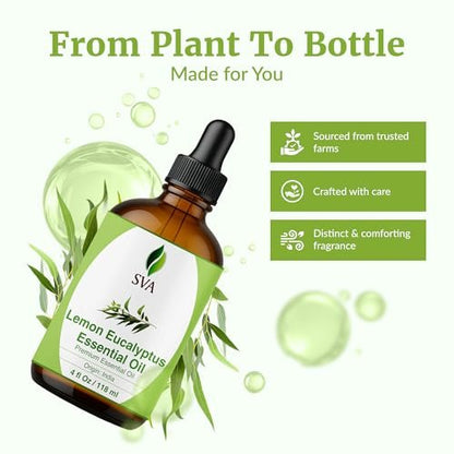 SVA Lemongras-Eukalyptus ätherisches Öl – 118 ml – 100 % natürliches Citriodora-Öl – für Diffuser, Haarpflege, Gesicht, Hautpflege, Aromatherapie, Kopfhaut- und Körpermassage, Seifen- und Kerzenherstellung – mit Pipette