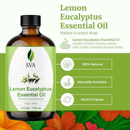SVA Lemongras-Eukalyptus ätherisches Öl – 118 ml – 100 % natürliches Citriodora-Öl – für Diffuser, Haarpflege, Gesicht, Hautpflege, Aromatherapie, Kopfhaut- und Körpermassage, Seifen- und Kerzenherstellung – mit Pipette