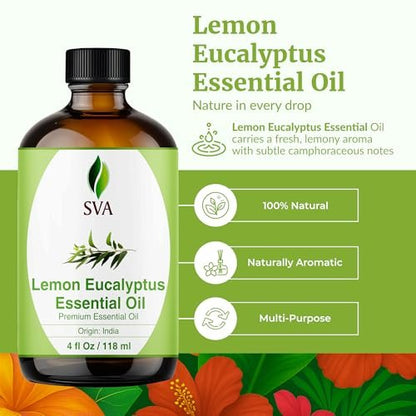 SVA Lemongras-Eukalyptus ätherisches Öl – 118 ml – 100 % natürliches Citriodora-Öl – für Diffuser, Haarpflege, Gesicht, Hautpflege, Aromatherapie, Kopfhaut- und Körpermassage, Seifen- und Kerzenherstellung – mit Pipette