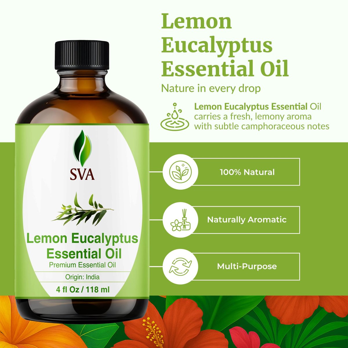 SVA Lemongras-Eukalyptus ätherisches Öl – 118 ml – 100 % natürliches Citriodora-Öl – für Diffuser, Haarpflege, Gesicht, Hautpflege, Aromatherapie, Kopfhaut- und Körpermassage, Seifen- und Kerzenherstellung – mit Pipette