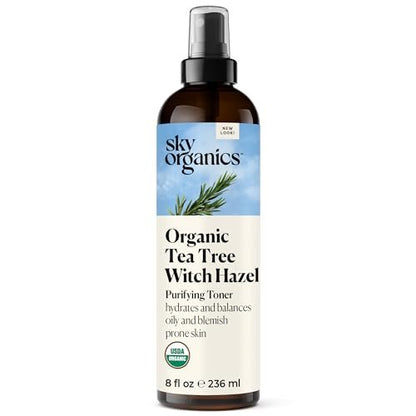 Sky Organics Bio Teebaum & Hamamelis Gesichtswasser – Reinigendes Gesichtswasser für zu Unreinheiten neigende Haut, Hydratisiert, Beruhigt, Reinigt und Gleicht aus, Minimiert das Erscheinungsbild von Poren, 236 ml