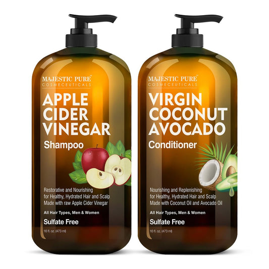 Majestic Pure Apfelessig Shampoo & Avocado Kokosnuss Conditioner Set – Stellt Glanz wieder her & reduziert juckende Kopfhaut, Schuppen & Frizz – Sulfatfrei, für alle Haartypen, Männer & Frauen – 2 x 473 ml