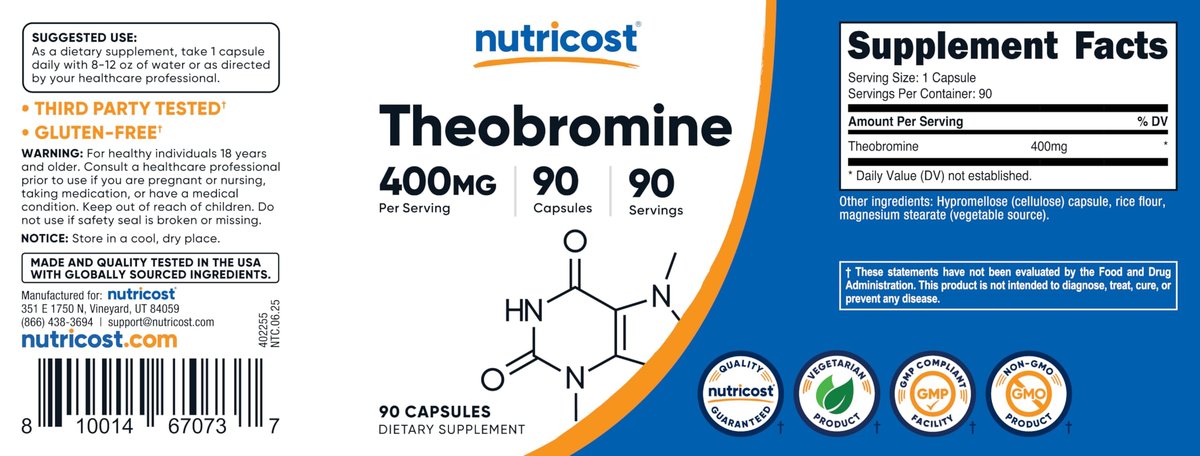 Nutricost Theobromin 400 mg, 90 vegane Kapseln – Glutenfrei, Nicht-GVO, Laborgeprüft
