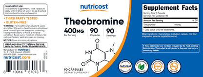 Nutricost Theobromin 400 mg, 90 vegane Kapseln – Glutenfrei, Nicht-GVO, Laborgeprüft