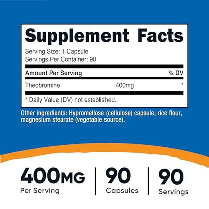 Nutricost Theobromin 400 mg, 90 vegane Kapseln – Glutenfrei, Nicht-GVO, Laborgeprüft