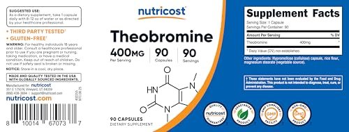 Nutricost Theobromin 400 mg, 90 vegane Kapseln – Glutenfrei, Nicht-GVO, Laborgeprüft