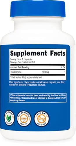 Nutricost Theobromin 400 mg, 90 vegane Kapseln – Glutenfrei, Nicht-GVO, Laborgeprüft