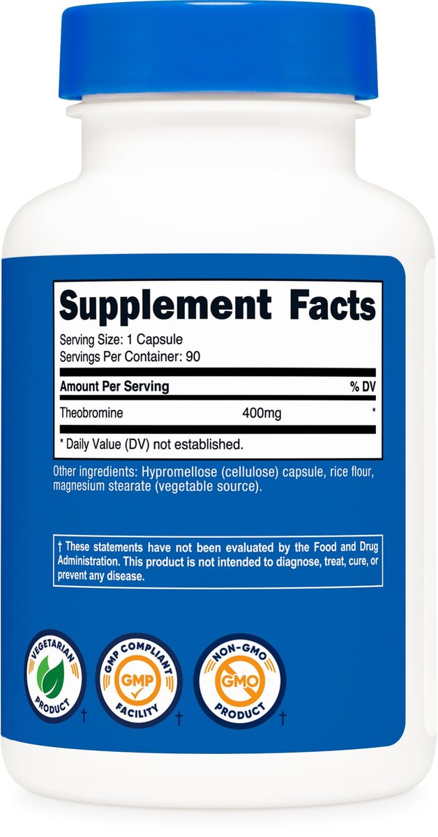 Nutricost Theobromin 400 mg, 90 vegane Kapseln – Glutenfrei, Nicht-GVO, Laborgeprüft
