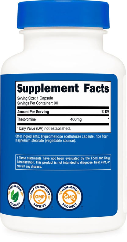 Nutricost Theobromin 400 mg, 90 vegane Kapseln – Glutenfrei, Nicht-GVO, Laborgeprüft