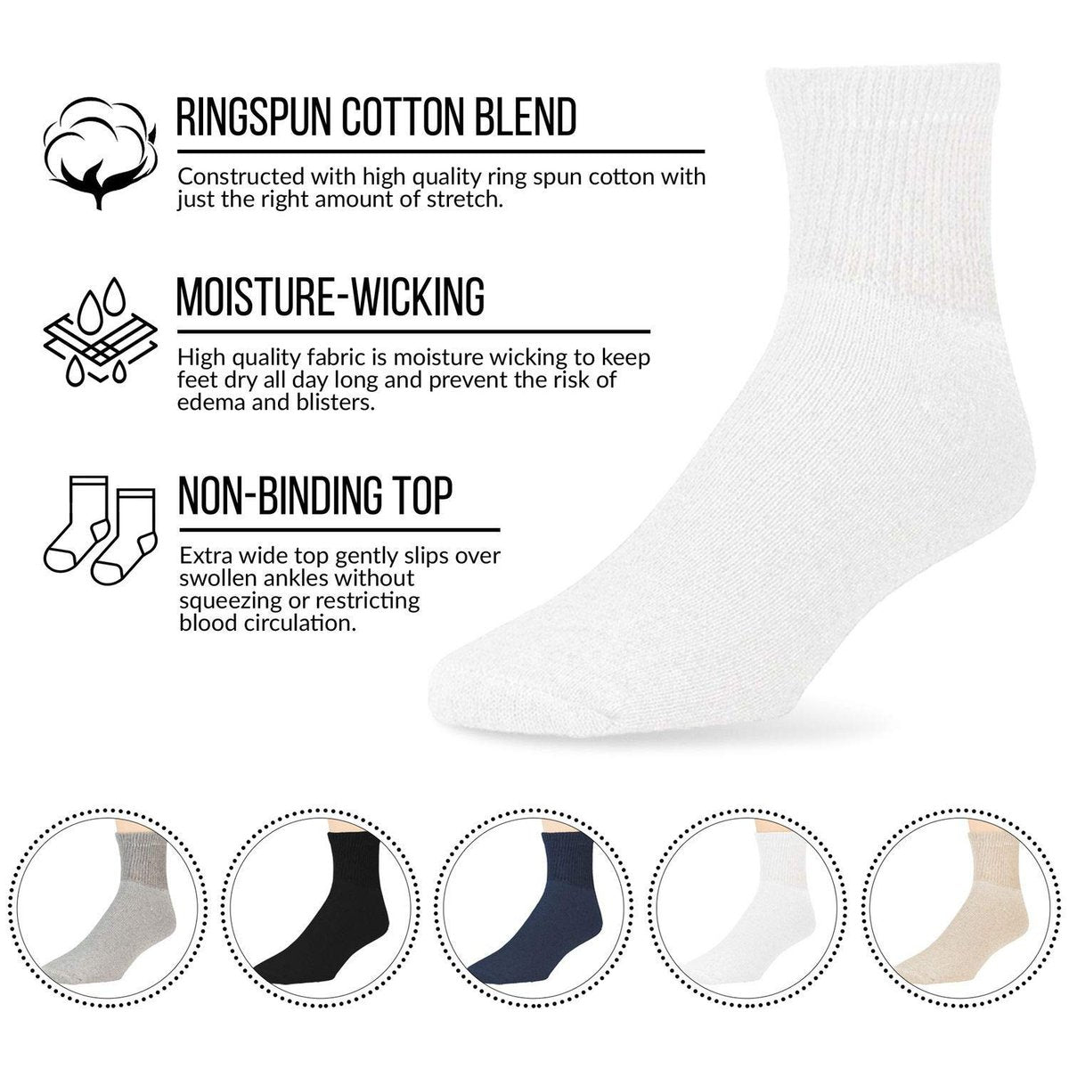 Große und Übergröße Diabetische Neuropathie Knöchelsocken, King Size Herren Athletik Quarter Socken (13-16, Weiß) - 6 Paar