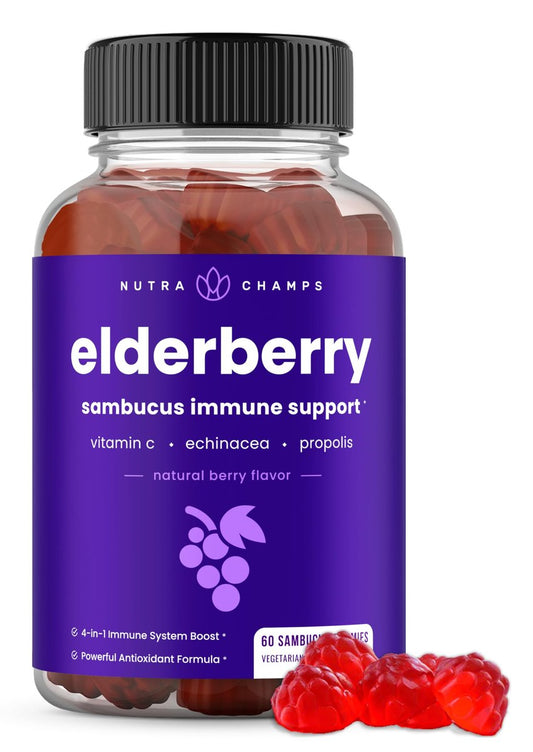 NutraChamps Holunderbeeren Gummibärchen mit Vitamin C, Propolis & Echinacea – Immunsystem Unterstützung für Erwachsene & Kinder – Max Stärke 200mg Sambucus Antioxidans, 60 Stück