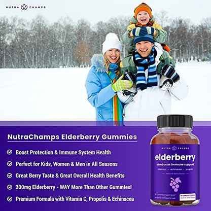 NutraChamps Holunderbeeren Gummibärchen mit Vitamin C, Propolis & Echinacea – Immunsystem Unterstützung für Erwachsene & Kinder – Max Stärke 200mg Sambucus Antioxidans, 60 Stück