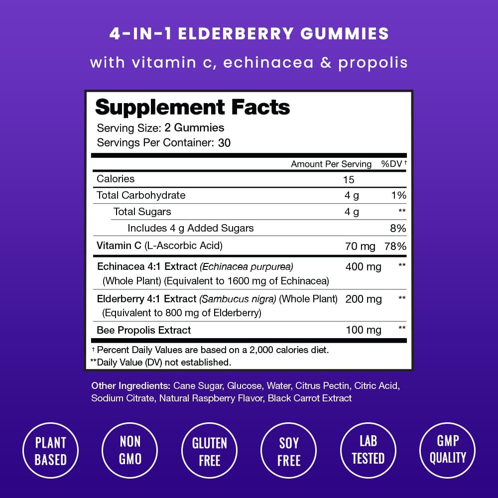 NutraChamps Holunderbeeren Gummibärchen mit Vitamin C, Propolis & Echinacea – Immunsystem Unterstützung für Erwachsene & Kinder – Max Stärke 200mg Sambucus Antioxidans, 60 Stück