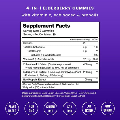 NutraChamps Holunderbeeren Gummibärchen mit Vitamin C, Propolis & Echinacea – Immunsystem Unterstützung für Erwachsene & Kinder – Max Stärke 200mg Sambucus Antioxidans, 60 Stück