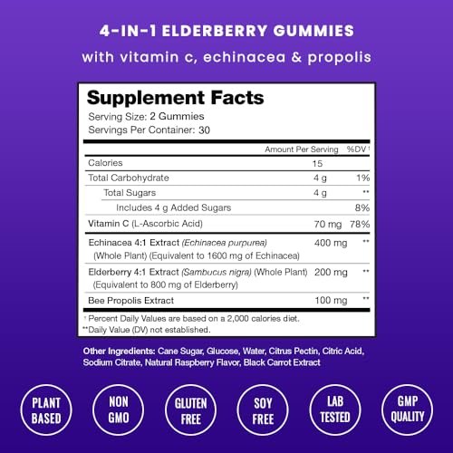 NutraChamps Holunderbeeren Gummibärchen mit Vitamin C, Propolis & Echinacea – Immunsystem Unterstützung für Erwachsene & Kinder – Max Stärke 200mg Sambucus Antioxidans, 60 Stück